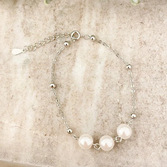 925 Sterling Silver Pearl Bracelet Bead Bracelet Dainty Stackable Bracelet - Picture 2 of 5